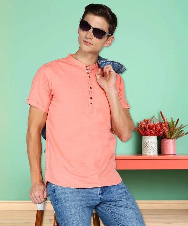 Men's_Peach_Leisure_Linen_Cotton_Half_Sleeve_Short_Kurta