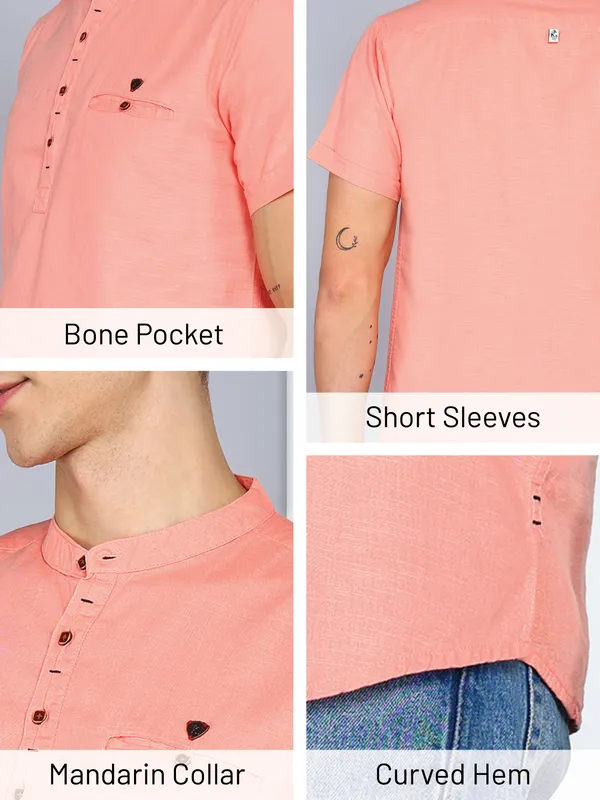 Men's_Peach_Leisure_Linen_Cotton_Half_Sleeve_Short_Kurta