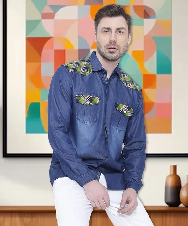 Men's_Perch_Green_Casual_Couture_Denim_Checks_Shirt