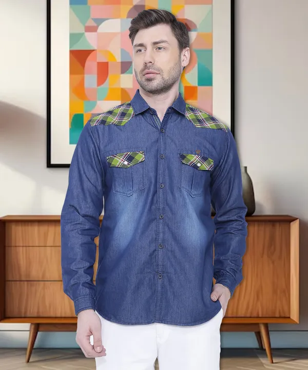 Men's_Perch_Green_Casual_Couture_Denim_Checks_Shirt
