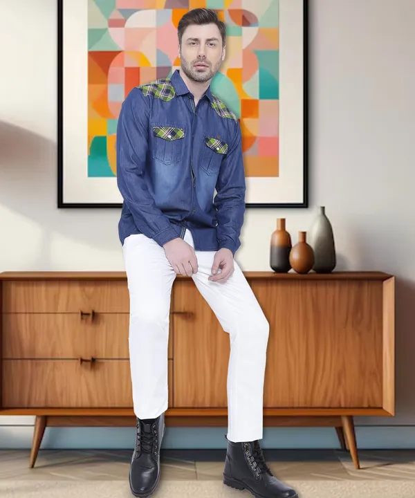Men's_Perch_Green_Casual_Couture_Denim_Checks_Shirt