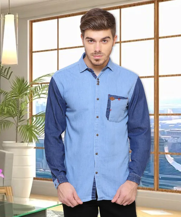 Kuons Avenue Men's Blue Colour-Blocked Denim Shirt Price in India