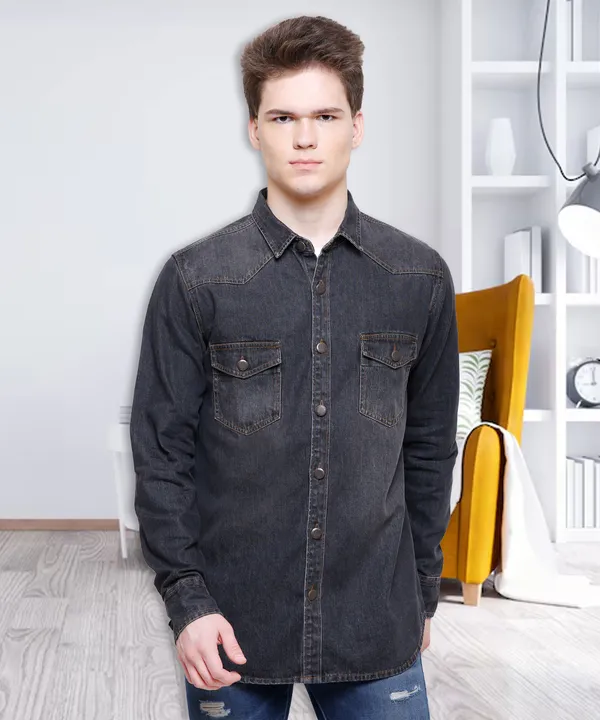 Kuons Avenue Charcoal Grey Denim Double Pocket Casual Shirt Price