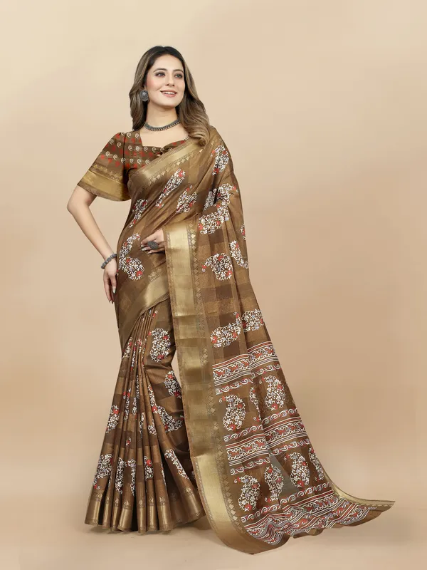 Brown_Cotton_Blend_Saree_for_Women