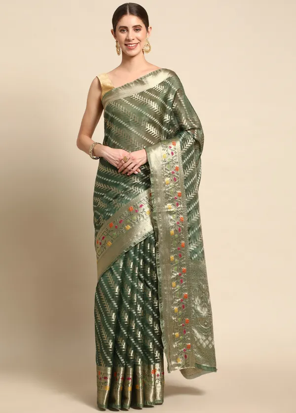 Dark_Green_Organza_Saree_for_Women