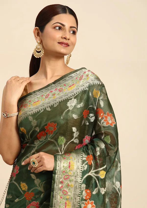Designer_Dark_Green_Premium_Range_Organza_Saree_for_Women