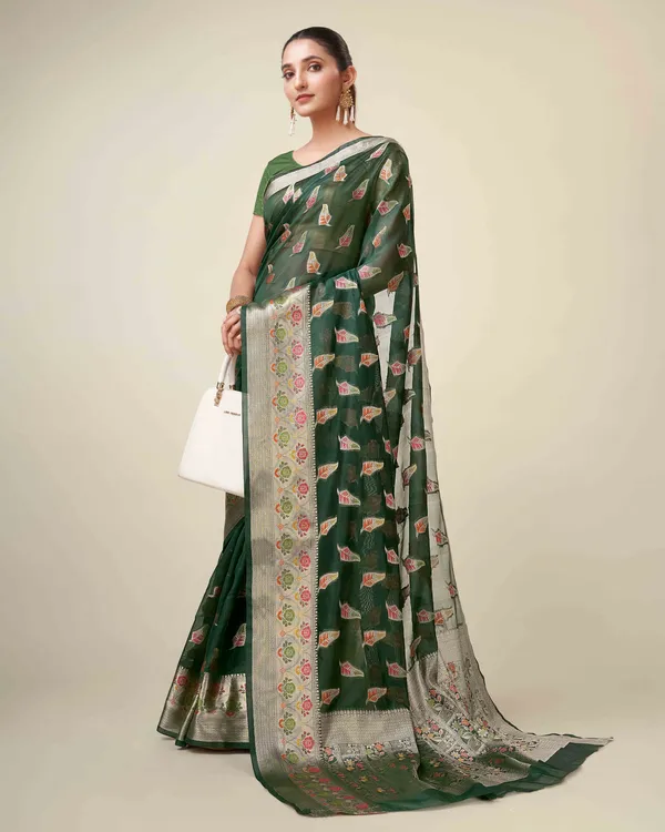 Dark_Green_Organza_Saree_for_Women