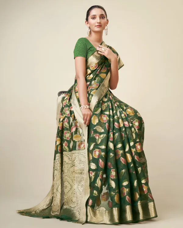 Dark_Green_Organza_Saree_for_Women