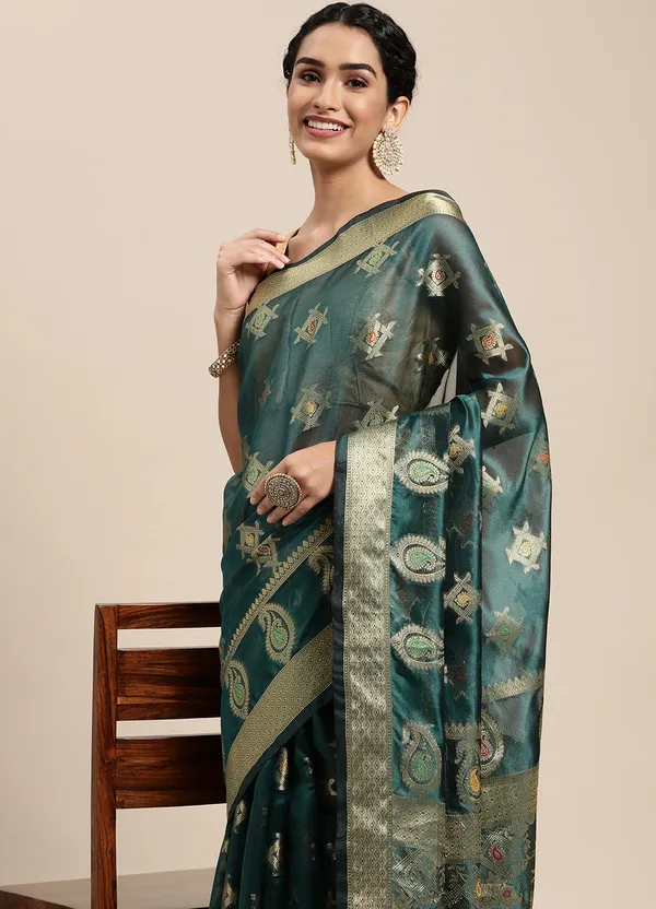 Dark_Green_Organza_Saree_for_Women