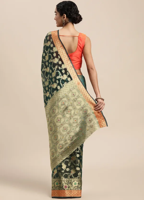 Dark_Green_Organza_Saree_for_Women