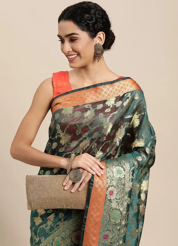 Dark_Green_Organza_Saree_for_Women
