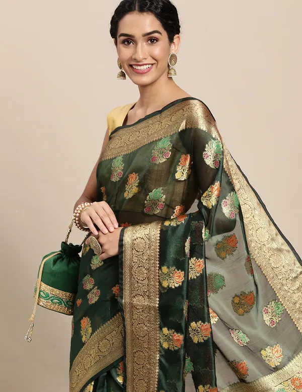 Premium_Range_Designer_Dark_Green_Organza_Saree_for_Women