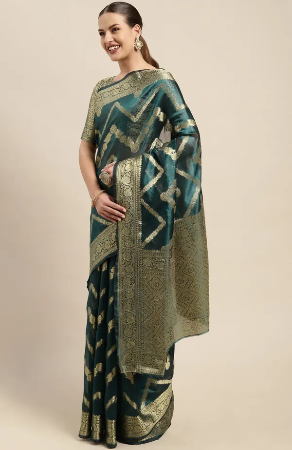 Dark_Green_Organza_Saree_for_Women
