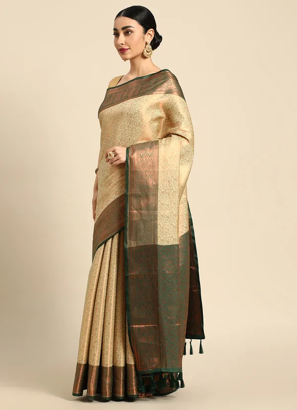 Beige_&_Green_Silk_Blend_Saree_for_Women