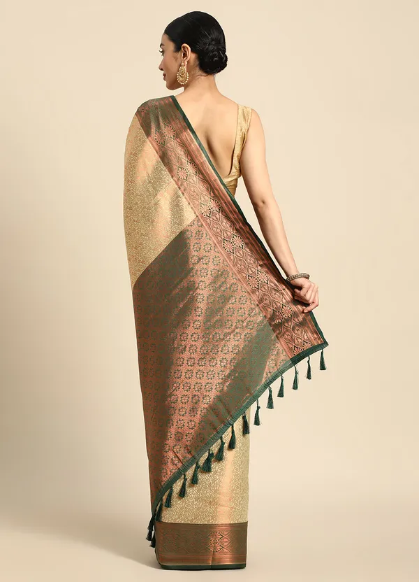 Beige_&_Green_Silk_Blend_Saree_for_Women