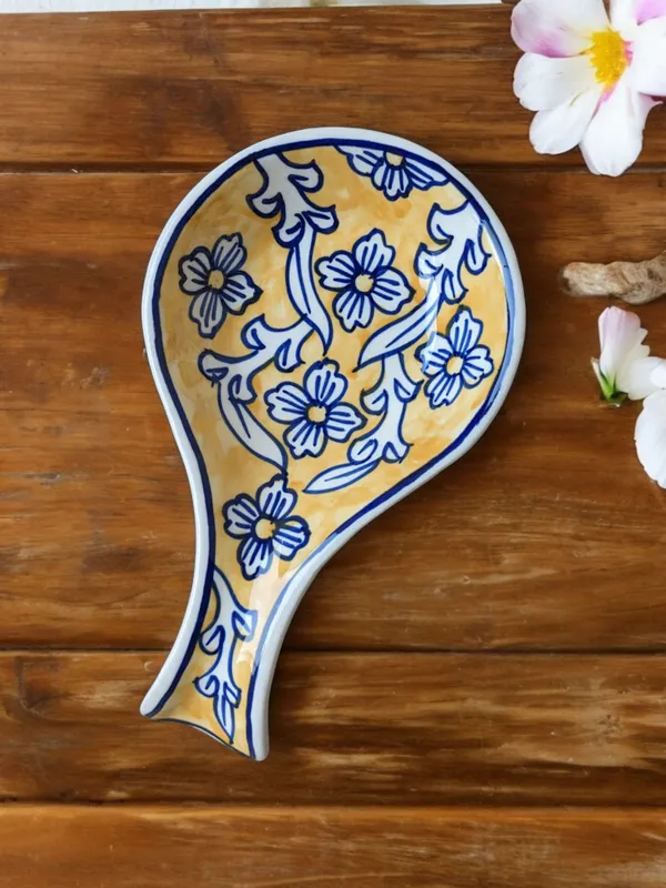 Hand-Painted_Floral_Ceramic_Spoon_Rest_-_Blue_and_Yellow