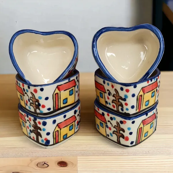Hand-Painted_Village_Scene_Ceramic_Small_Mini_Bowls_-_Set_of_6,_Chutney_/_Seasoning_Bowls_,_Heart_Shape