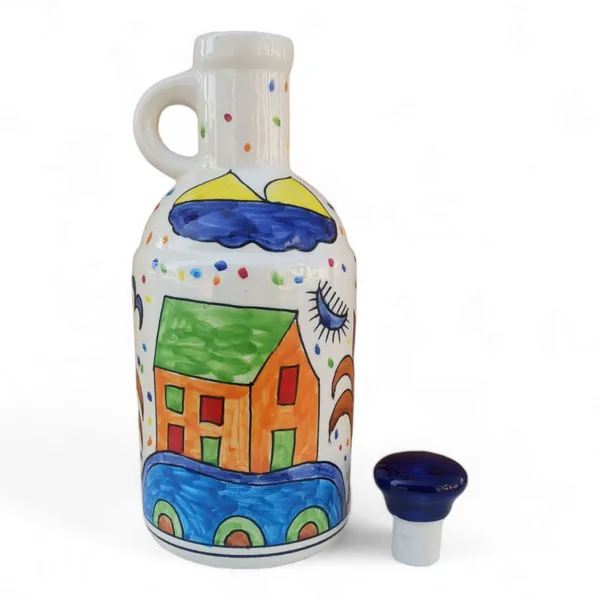 Hut_Landscape_Ceramic_Oil_Dispenser/Stopper/Pourer_with_Lid_|1_Ltr_Capacity_|24cm_height_|_Multi_Colour_|_Hand_Painted