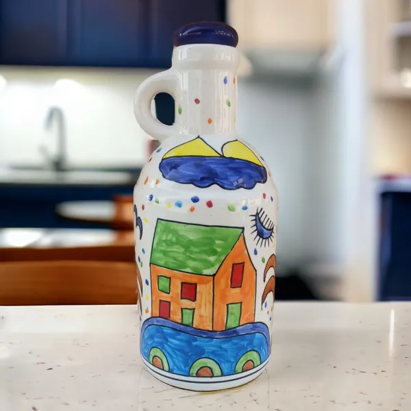 Hut_Landscape_Ceramic_Oil_Dispenser/Stopper/Pourer_with_Lid_|1_Ltr_Capacity_|24cm_height_|_Multi_Colour_|_Hand_Painted