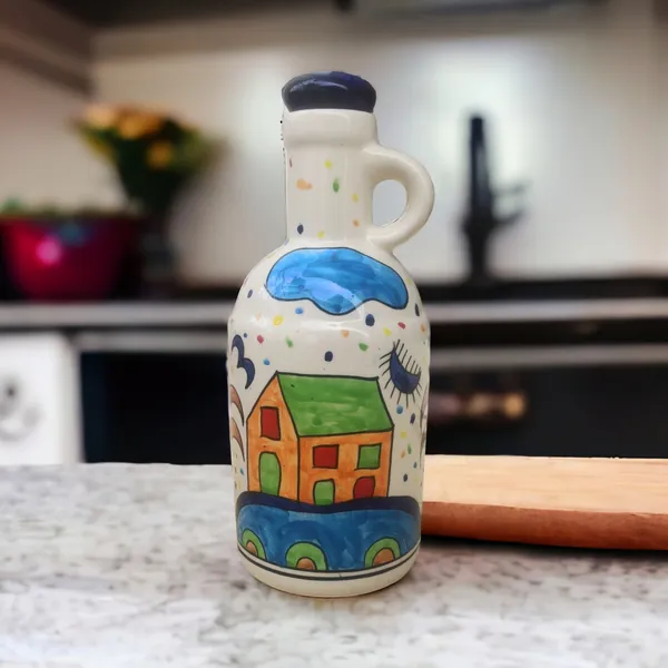 Hut_Landscape_Ceramic_Oil_Dispenser/Stopper/Pourer_with_Lid_|1_Ltr_Capacity_|24cm_height_|_Multi_Colour_|_Hand_Painted