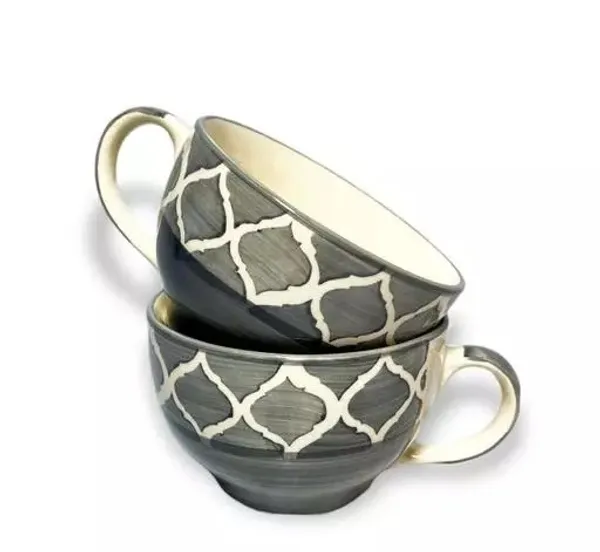 Handpainted_Ceramic_Soup_Bowl/Soup_Cups/Noodles_Bowl/Breakfast_Bowl_With_Handle_380_Ml,_Dishwasher_&_Microwave_Safe_Color_Grey_(Set_Of_2)
