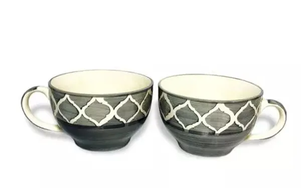 Handpainted_Ceramic_Soup_Bowl/Soup_Cups/Noodles_Bowl/Breakfast_Bowl_With_Handle_380_Ml,_Dishwasher_&_Microwave_Safe_Color_Grey_(Set_Of_2)