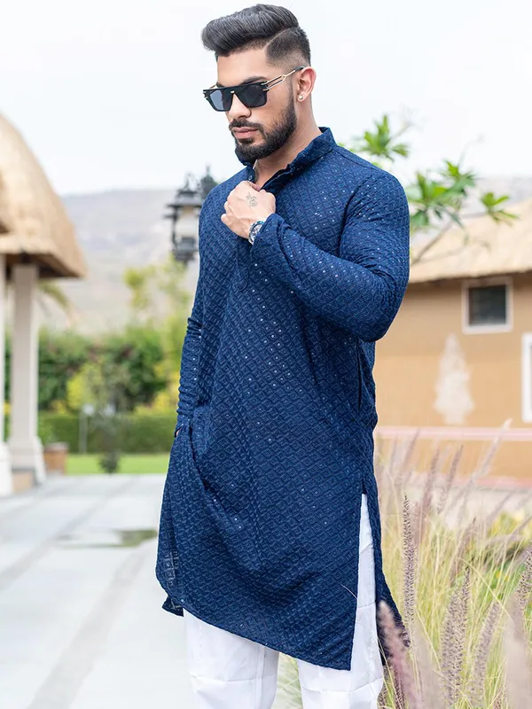 FOXDX_Men_Chikan_Embroidery_Pure_Rayon_Straight_Only_Kurta