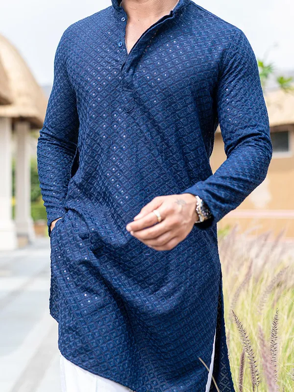 FOXDX_Men_Chikan_Embroidery_Pure_Rayon_Straight_Only_Kurta