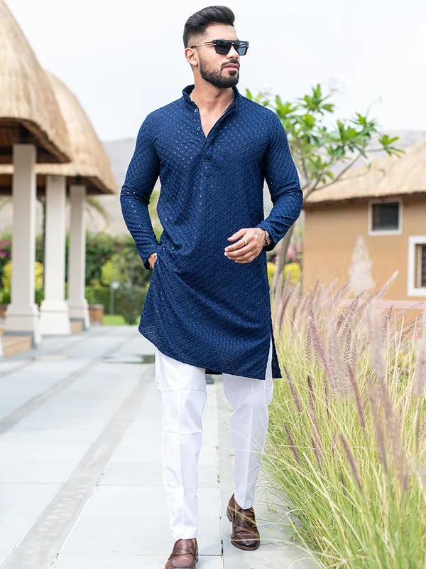 FOXDX_Men_Chikan_Embroidery_Pure_Rayon_Straight_Only_Kurta