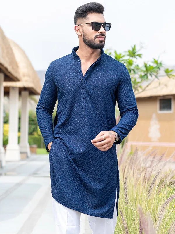 FOXDX_Men_Chikan_Embroidery_Pure_Rayon_Straight_Only_Kurta