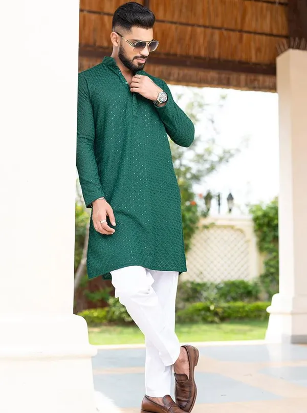 FOXDX_Men_Chikan_Embroidery_Pure_Rayon_Straight_Only_Kurta