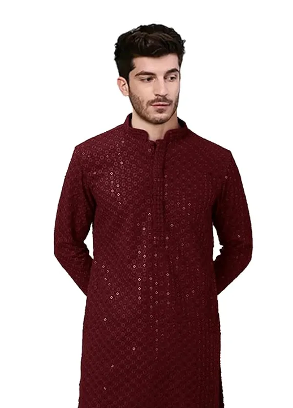 FOXDX_Men_Chikan_Embroidery_Pure_Rayon_Straight_Only_Kurta