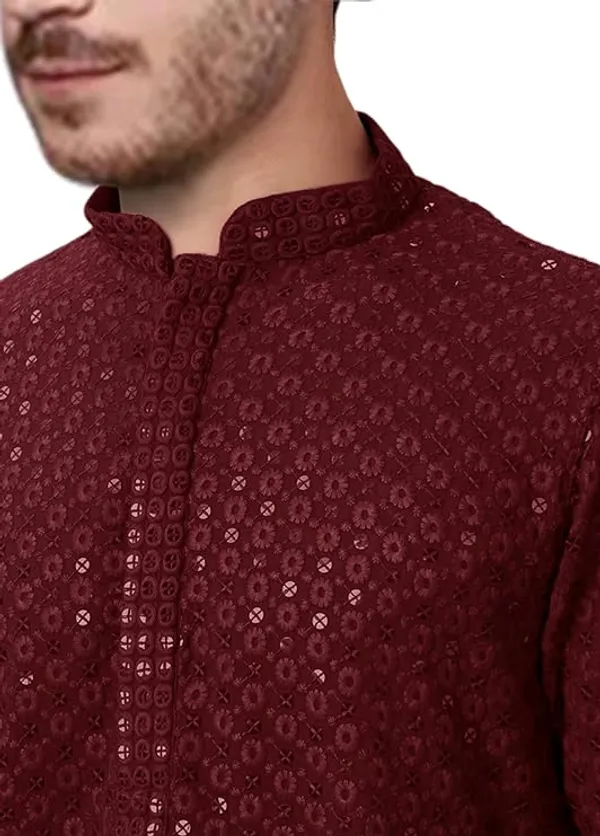 FOXDX_Men_Chikan_Embroidery_Pure_Rayon_Straight_Only_Kurta