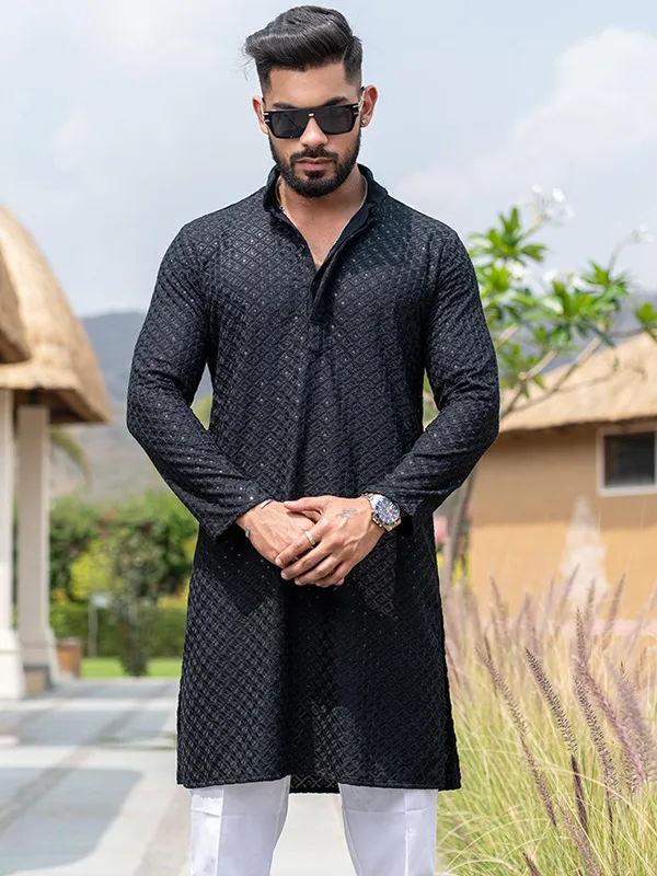 FOXDX_Men_Chikan_Embroidery_Pure_Rayon_Straight_Only_Kurta