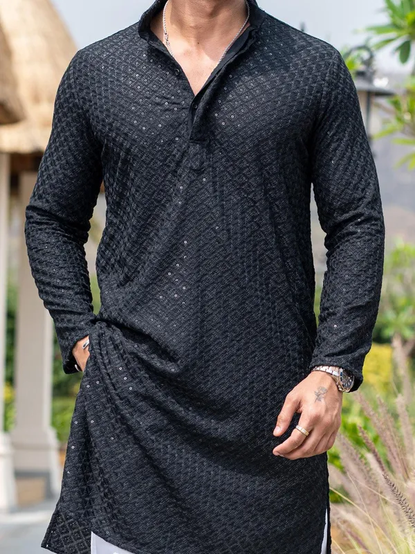 FOXDX_Men_Chikan_Embroidery_Pure_Rayon_Straight_Only_Kurta