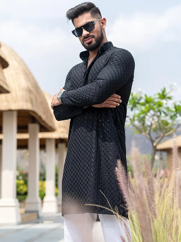 FOXDX_Men_Chikan_Embroidery_Pure_Rayon_Straight_Only_Kurta