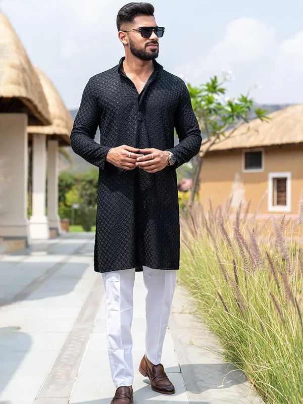FOXDX_Men_Chikan_Embroidery_Pure_Rayon_Straight_Only_Kurta