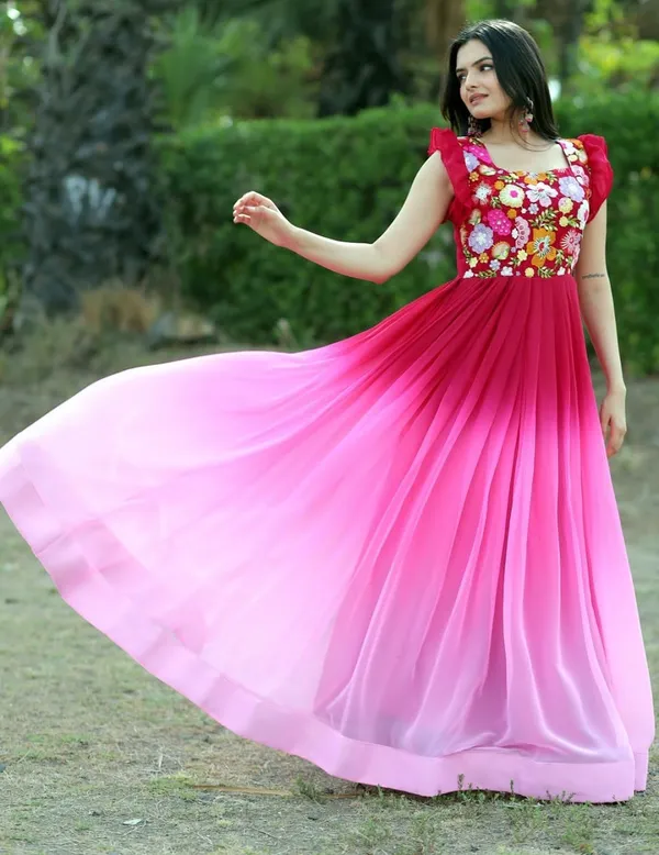 Women_Embroidered_Gown_Kurta_(Pink,_White_&_Maroon)