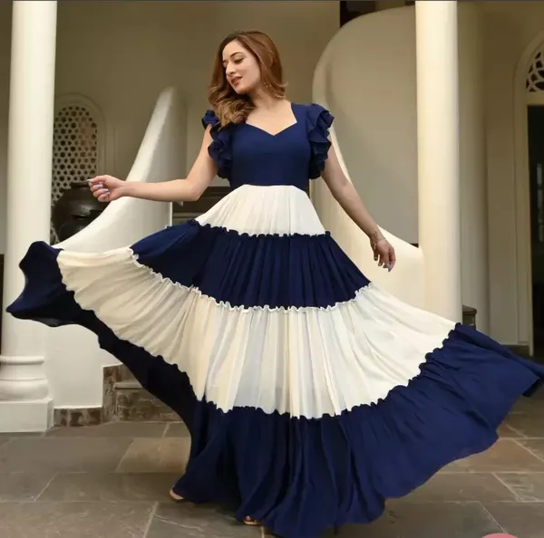 FOXDX_Navy_Blue_White_Rayon_Flared_A-Line_Gown_For_Women