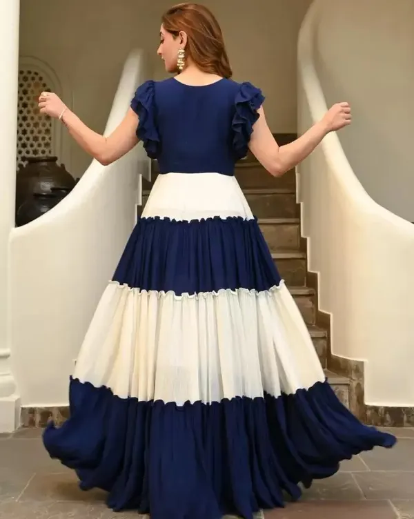 FOXDX_Navy_Blue_White_Rayon_Flared_A-Line_Gown_For_Women