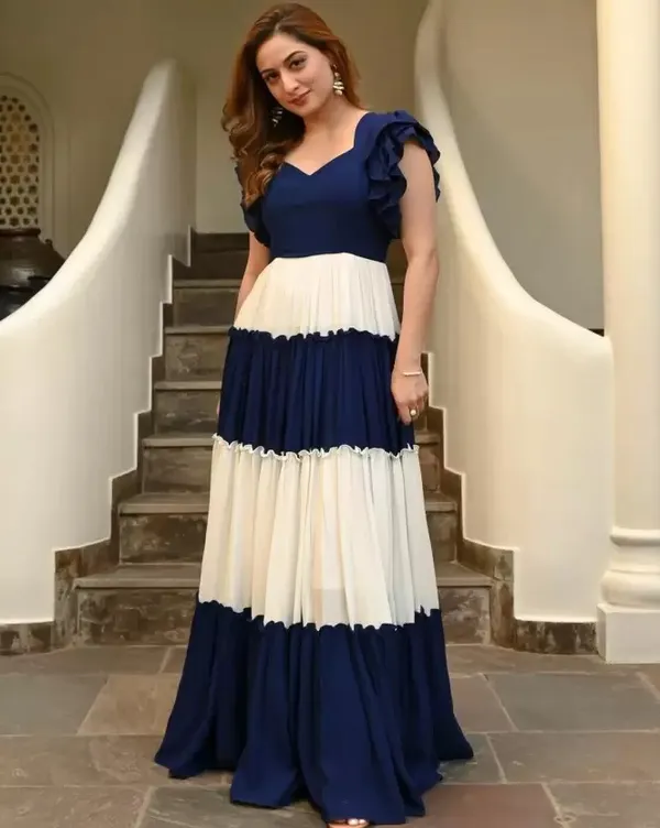 FOXDX_Navy_Blue_White_Rayon_Flared_A-Line_Gown_For_Women