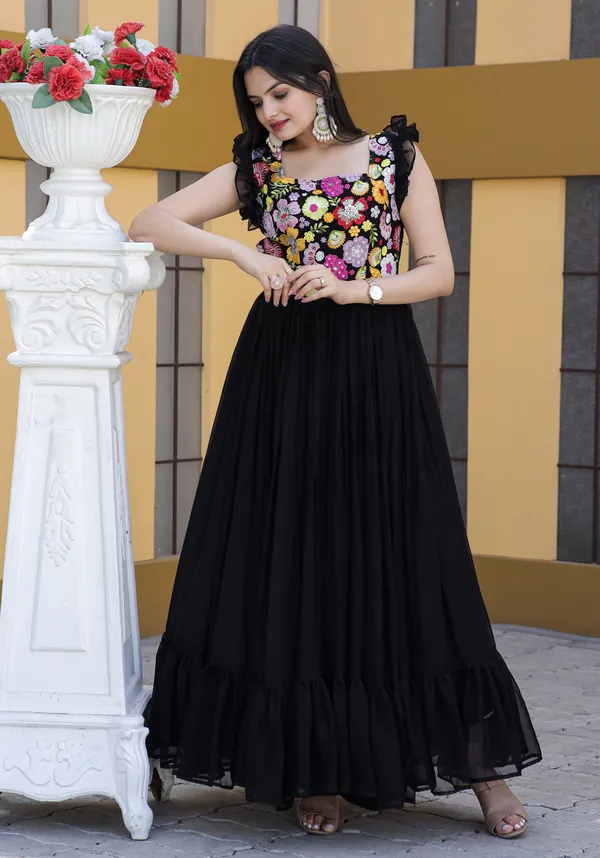 FOXDX_Black_Women_Embroidered_Flared_Kurta