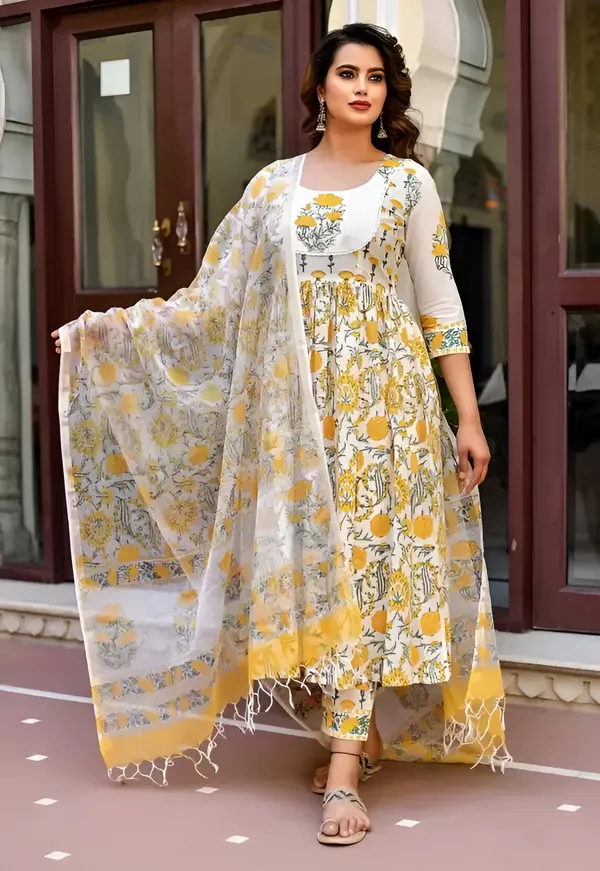 FOXDX_Yellow_Women_Cotton_Kurta_Pant_Dupatta_Set