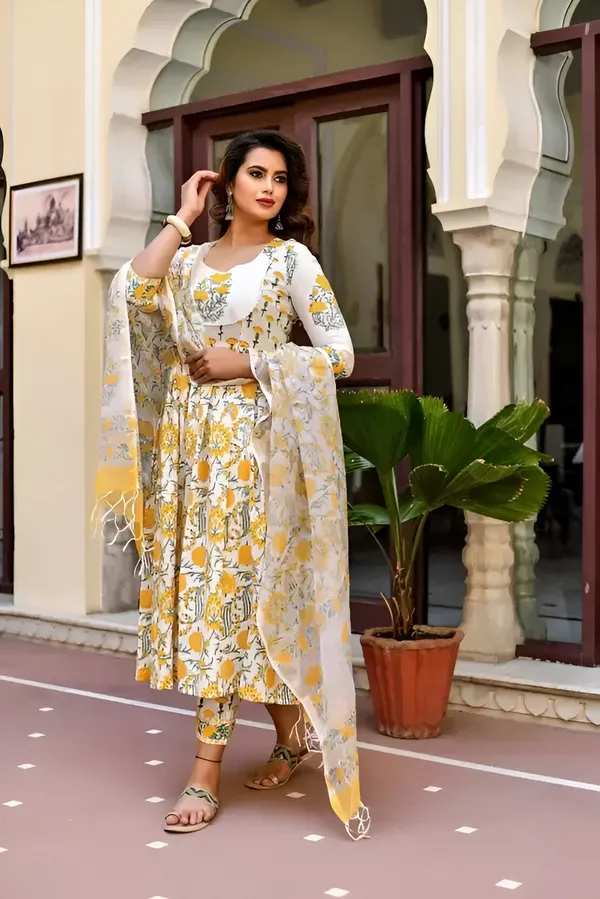 FOXDX_Yellow_Women_Cotton_Kurta_Pant_Dupatta_Set