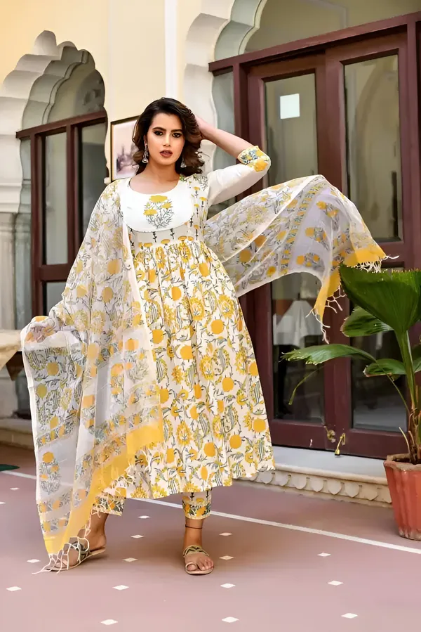 FOXDX_Yellow_Women_Cotton_Kurta_Pant_Dupatta_Set