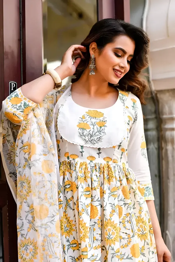 FOXDX_Yellow_Women_Cotton_Kurta_Pant_Dupatta_Set