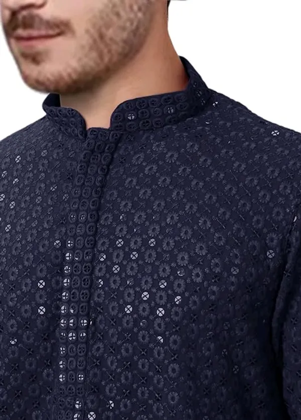 FOXDX_Men_Chikan_Embroidery_Pure_Rayon_Straight_Only_Kurta