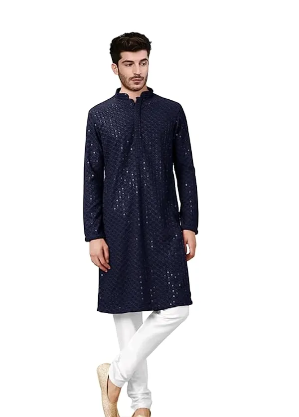 FOXDX_Men_Chikan_Embroidery_Pure_Rayon_Straight_Only_Kurta
