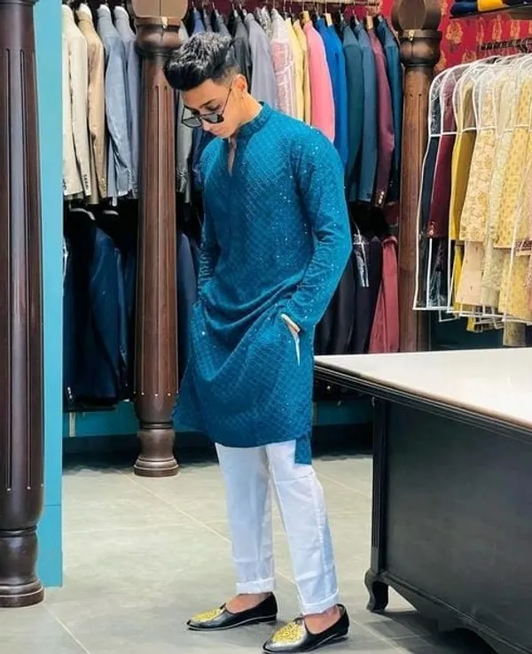 FOXDX_Men_Chikan_Embroidery_Pure_Rayon_Straight_Only_Kurta