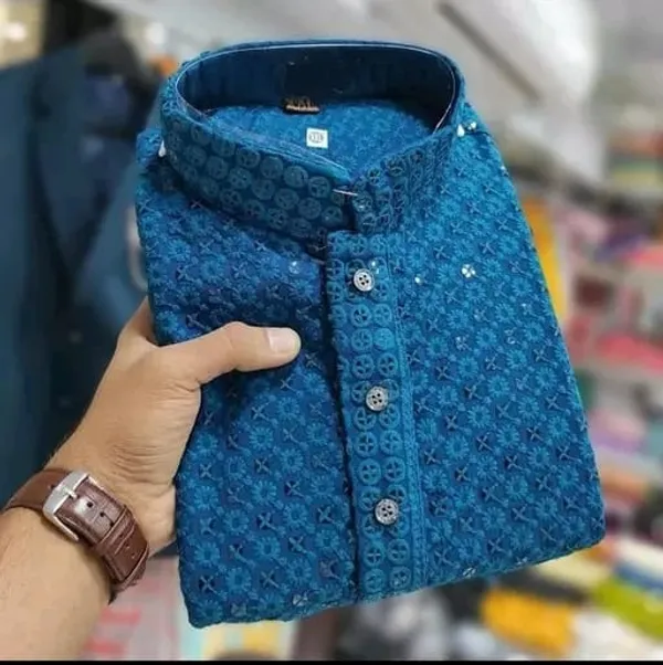 FOXDX_Men_Chikan_Embroidery_Pure_Rayon_Straight_Only_Kurta